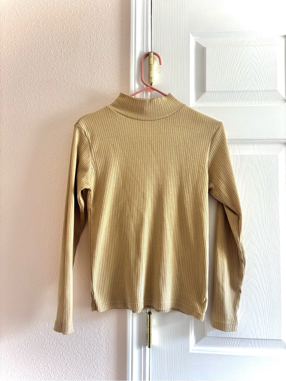 Vintage Tan Preppy Fisherman Ribbed Mock Neck Long Sleeve Top S